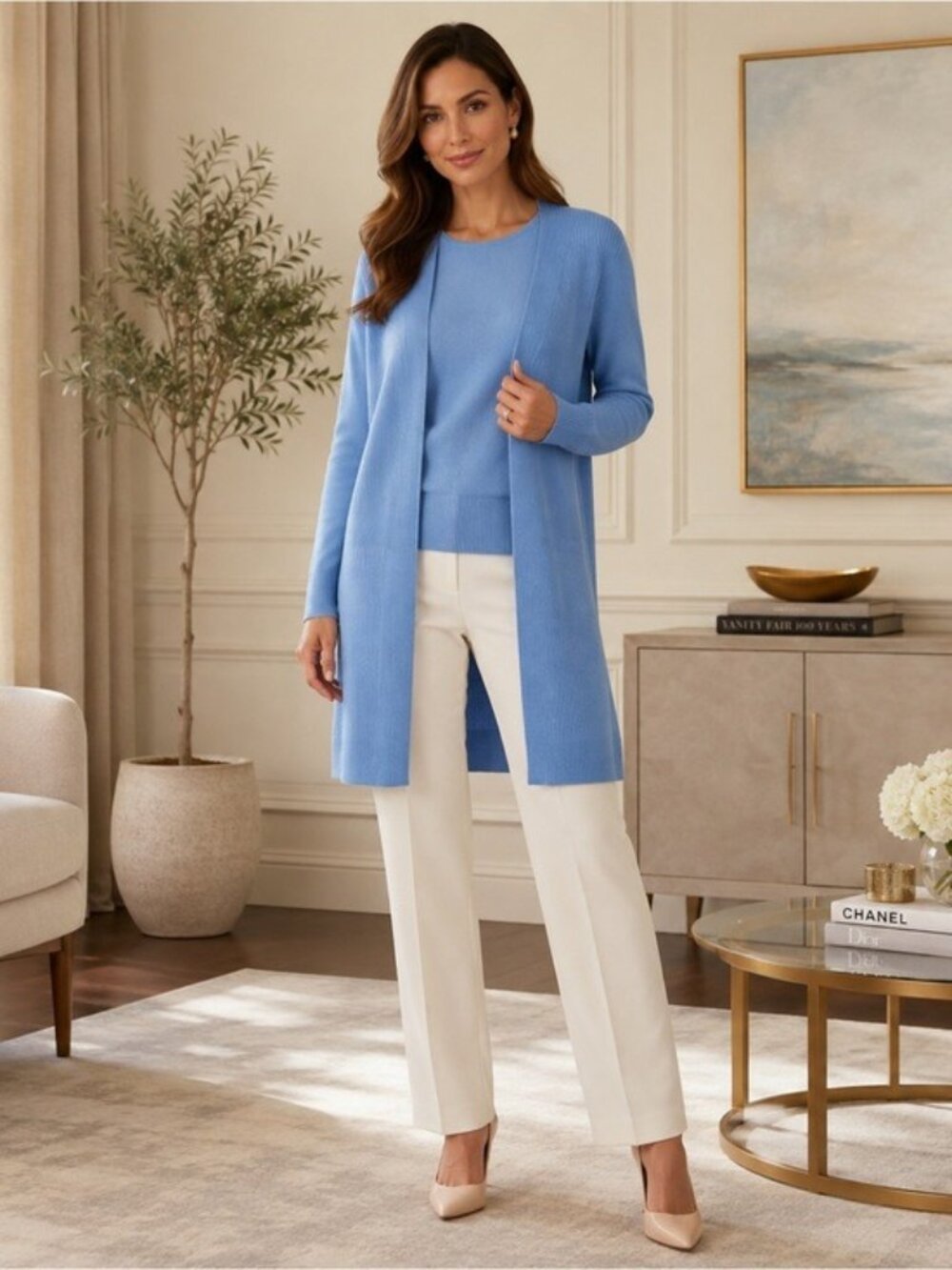St. John Blue Cashmere 2-Piece Long Cardigan & Shell Set Petite P